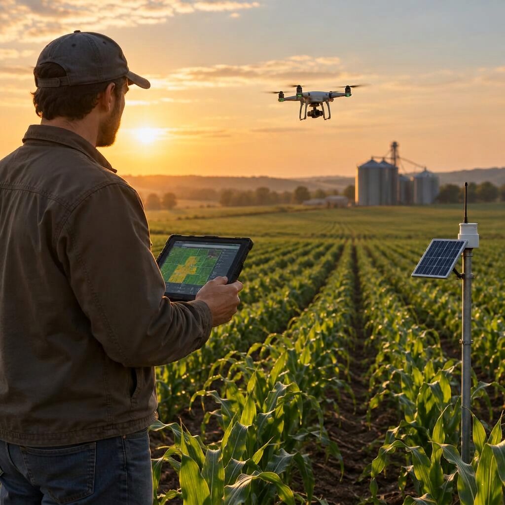 A farmer reviews crop data on a tablet while a mapping drone flies over the field and a solar-powered soil sensor reads the soil